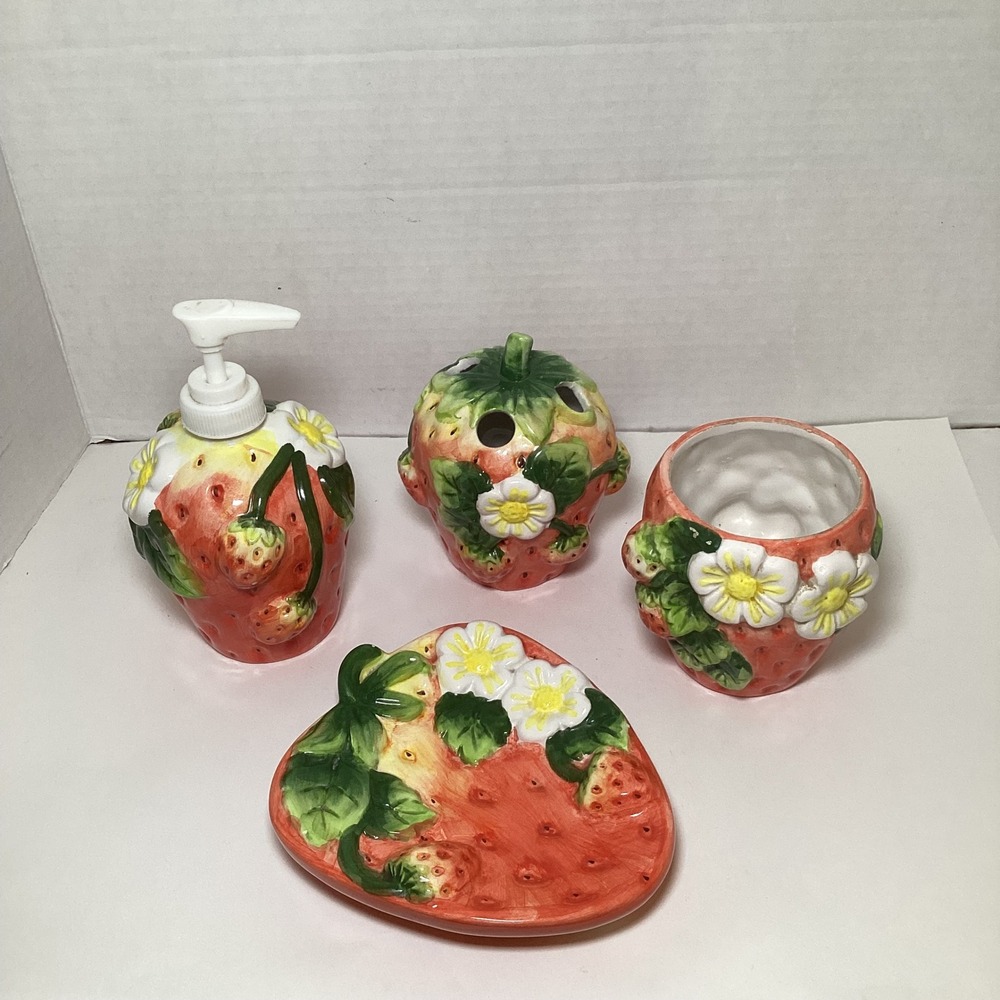 Ronnel Collection Strawberry Ceramic Bathroom Set Soap Dispenser Dish 4 Piece